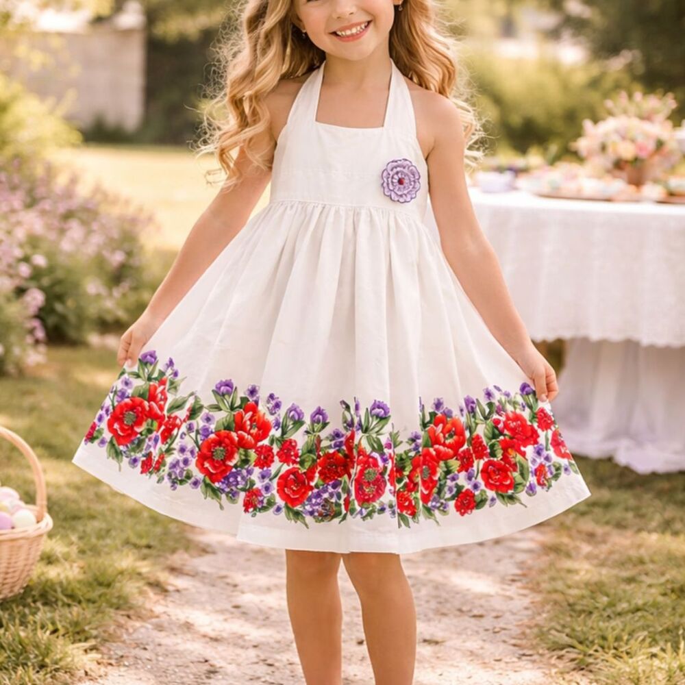 Blueberberi Boulevard, Girl Floral Boarder Halter Dress w/ Applique, sz 6